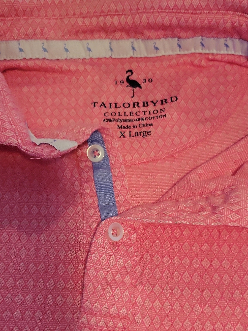 Tailorbyrd Men's Pink Diamond-Texture Polo with Blue Placket Detail